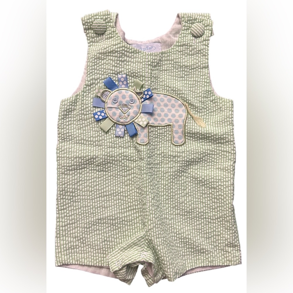 Mud pie baby Green gingham Romper with lion appliqué, 0-6 months